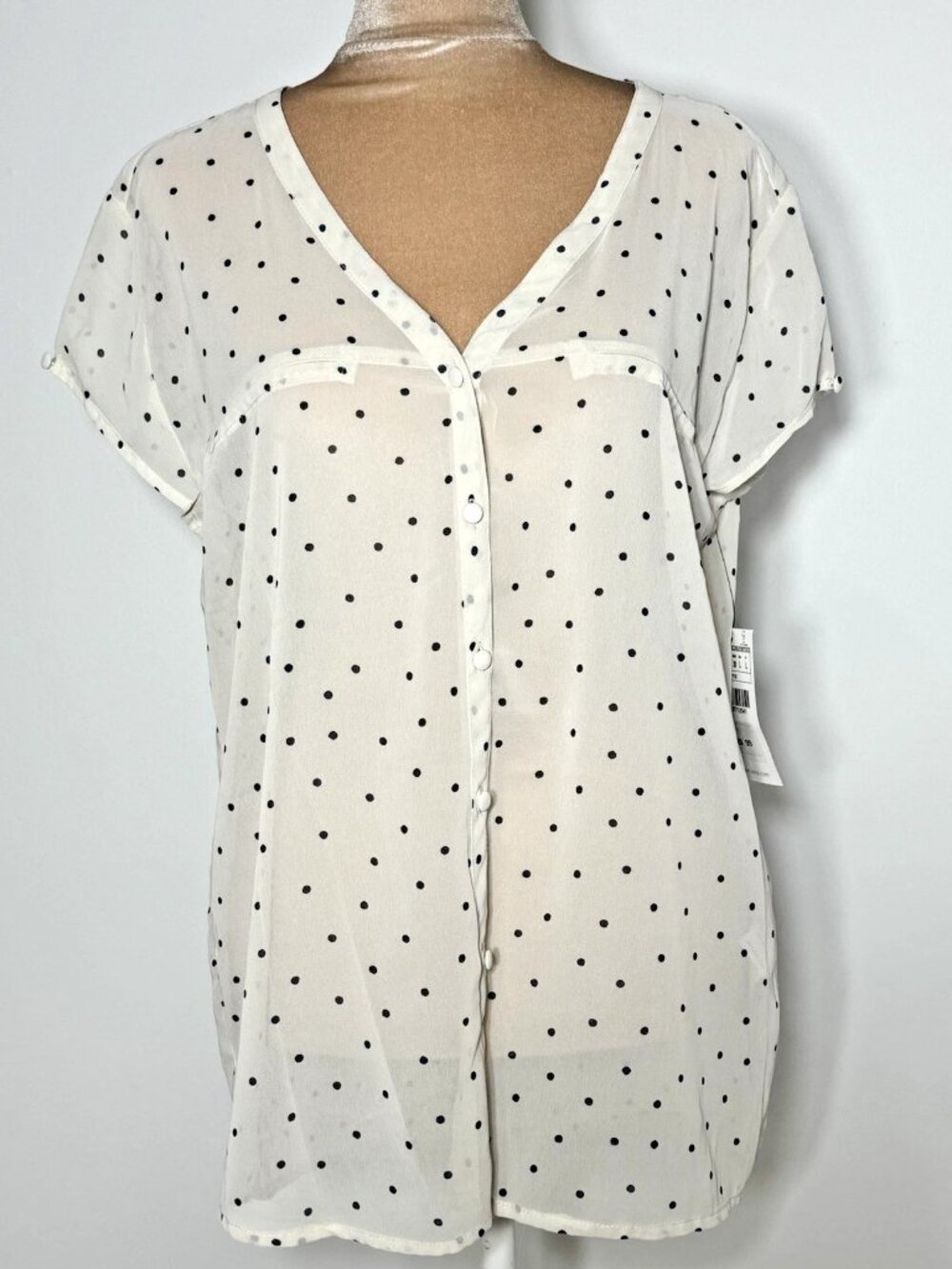 NEW Zara Women’s Blouse Polka Dot Short Sleeve Buttons Sheer Shirt Cream~ Size L